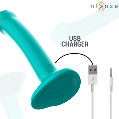 INTENSE Vibrador Katie com Ventosa e Controlo Remoto em azul, mostrando seu design ergonómico e material de silicone.