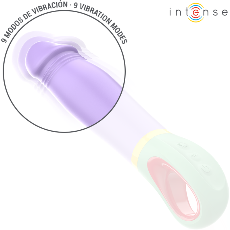 Vibrador Clássico Velma Intenso em silicone roxo, detalhe do formato ergonómico e botão de controlo.