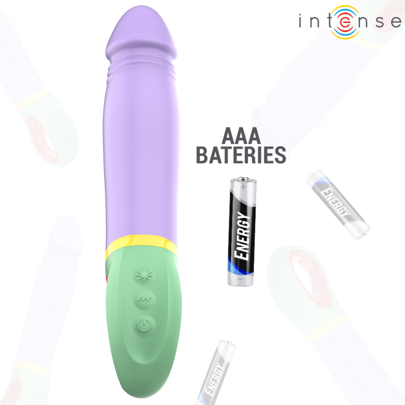 Vibrador Clássico Velma Intenso em silicone roxo, detalhe do formato ergonómico e botão de controlo.