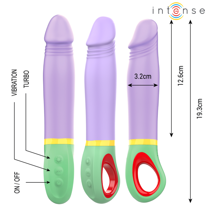 Vibrador Clássico Velma Intenso em silicone roxo, detalhe do formato ergonómico e botão de controlo.