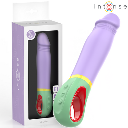 Vibrador Clássico Velma Intenso em silicone roxo, detalhe do formato ergonómico e botão de controlo.