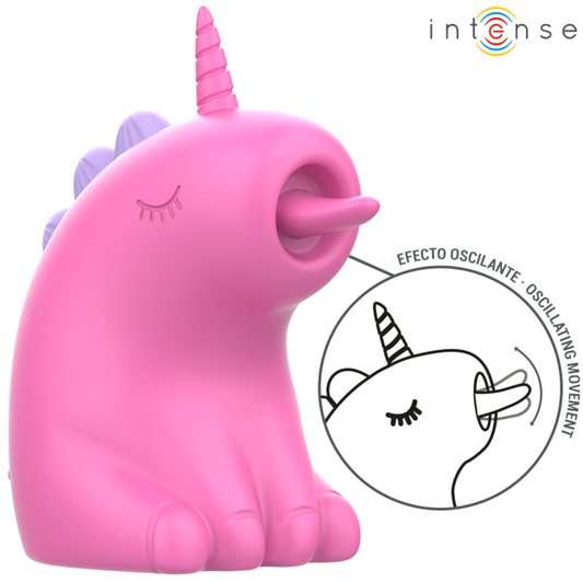Close-up of the INTENSE Pinkie Estimulador Clitoriano Unicórnio com Língua Giratória, showing its fuchsia color and silicone texture.
