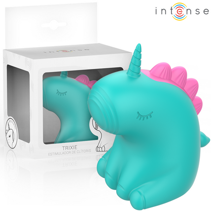 INTENSE Estimulador Clitoriano TRIXIE Unicórnio vibrador, mostrando design lúdico e detalhes em verde.