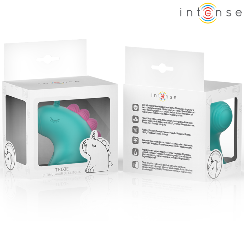 INTENSE Estimulador Clitoriano TRIXIE Unicórnio vibrador, mostrando design lúdico e detalhes em verde.