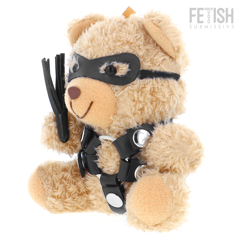 Urso de pelúcia BDSM Ted da FETISH SUBMISSIVE com chicote, máscara e arnês de couro.