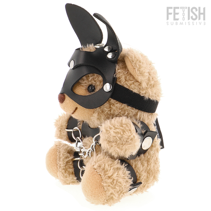 Urso de pelúcia FETISH SUBMISSIVE Mishka com estilo BDSM, máscara de orelhas de coelho e correntes nas pernas