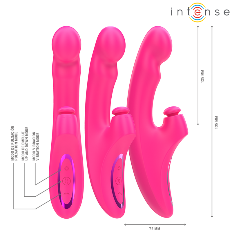 Vibrador INTENSE EMI Multifuncional 3 em 1 Rosa 13.5cm com 10 vibrações, de silicone seguro para o corpo e recarregável por USB.