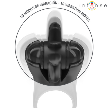 Anel Vibratório INTENSE Mabel preto com 10 vibrações e estimulador de clítoris para prazer de casal.