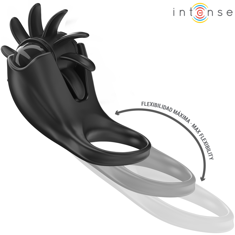 Anel Vibratório INTENSE Mabel preto com 10 vibrações e estimulador de clítoris para prazer de casal.