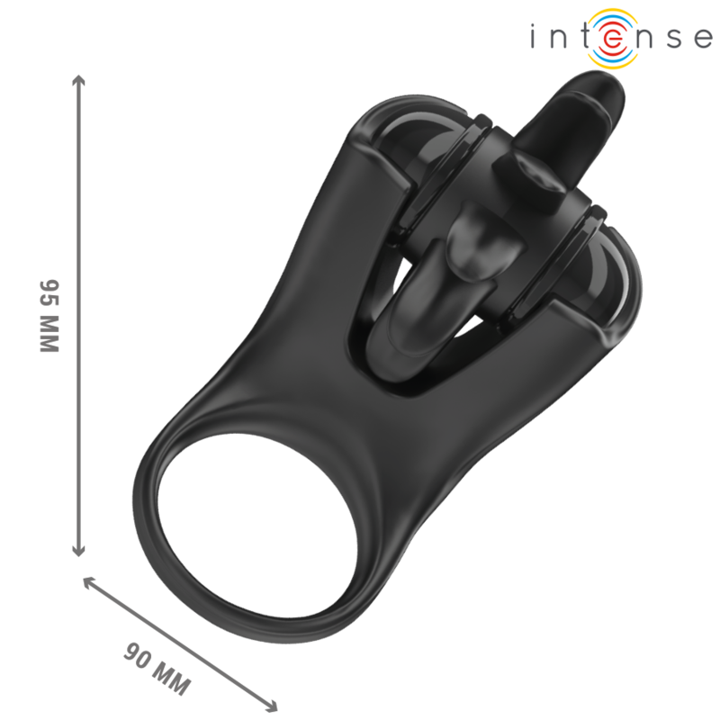 Anel Vibratório INTENSE Mabel preto com 10 vibrações e estimulador de clítoris para prazer de casal.