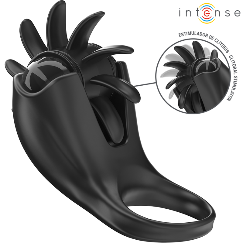 Anel Vibratório INTENSE Mabel preto com 10 vibrações e estimulador de clítoris para prazer de casal.