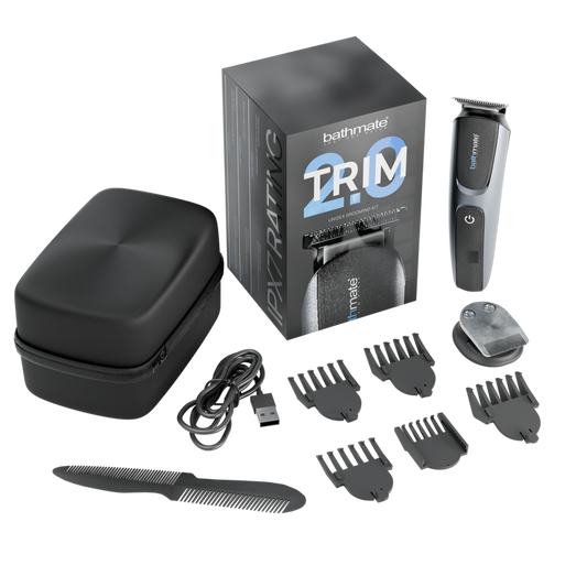 Aparador de precisão BATHMATE Trim 2.0, mostrando seu design elegante e lâminas de aço inoxidável para higiene masculina.