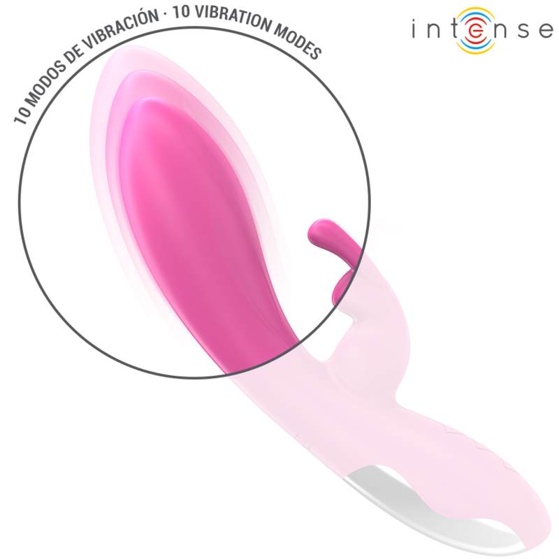 Close-up do INTENSE Randall Rabbit Vibrador Rosa, mostrando o design ergonómico para estimulação dupla.