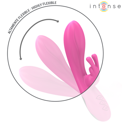 Close-up do INTENSE Randall Rabbit Vibrador Rosa, mostrando o design ergonómico para estimulação dupla.