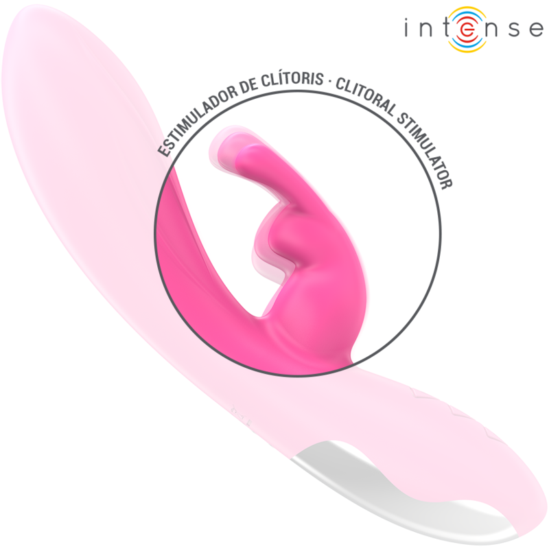 Close-up do INTENSE Randall Rabbit Vibrador Rosa, mostrando o design ergonómico para estimulação dupla.