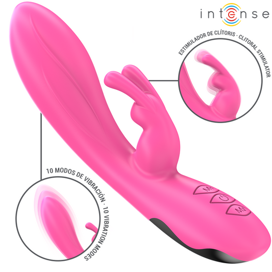 Close-up do INTENSE Randall Rabbit Vibrador Rosa, mostrando o design ergonómico para estimulação dupla.