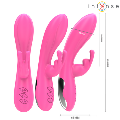 Close-up do INTENSE Randall Rabbit Vibrador Rosa, mostrando o design ergonómico para estimulação dupla.