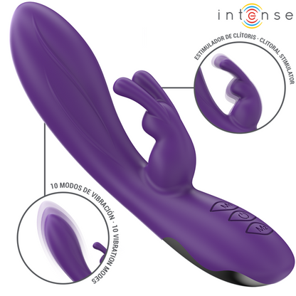 Close-up of the INTENSE Randall Vibrador Rabbit in purple, showcasing its ergonomic design and dual stimulators.