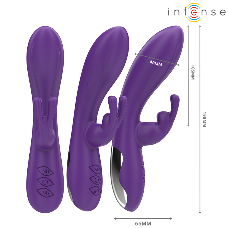 Close-up of the INTENSE Randall Vibrador Rabbit in purple, showcasing its ergonomic design and dual stimulators.