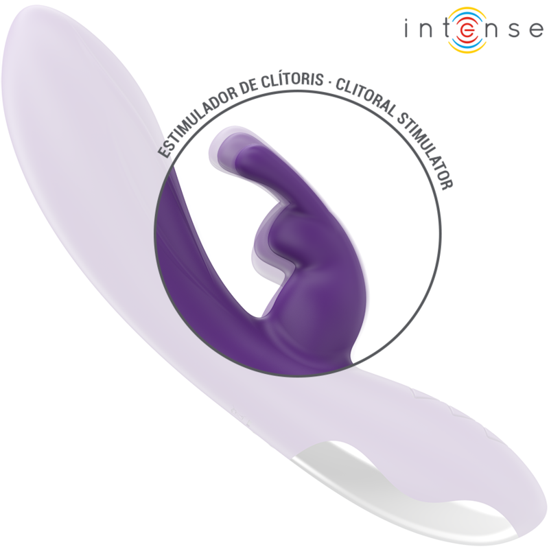 Close-up of the INTENSE Randall Vibrador Rabbit in purple, showcasing its ergonomic design and dual stimulators.