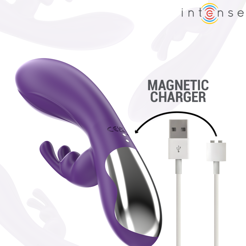 Close-up of the INTENSE Randall Vibrador Rabbit in purple, showcasing its ergonomic design and dual stimulators.