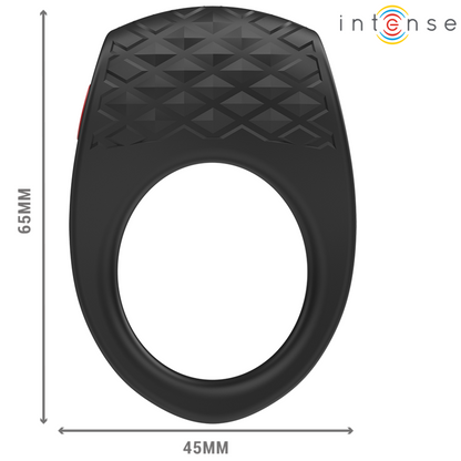 Anel peniano vibratório INTENSE Clover preto com 10 vibrações, detalhe do material e design ergonómico.
