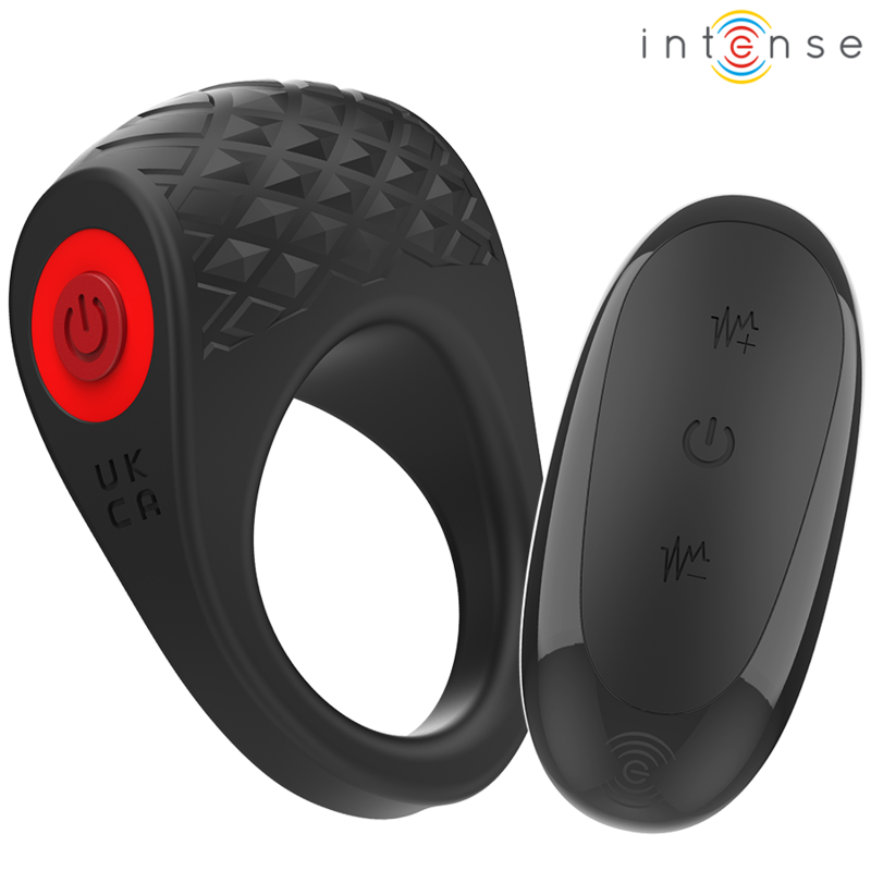 Anel peniano vibratório INTENSE Clover preto com 10 vibrações, detalhe do material e design ergonómico.