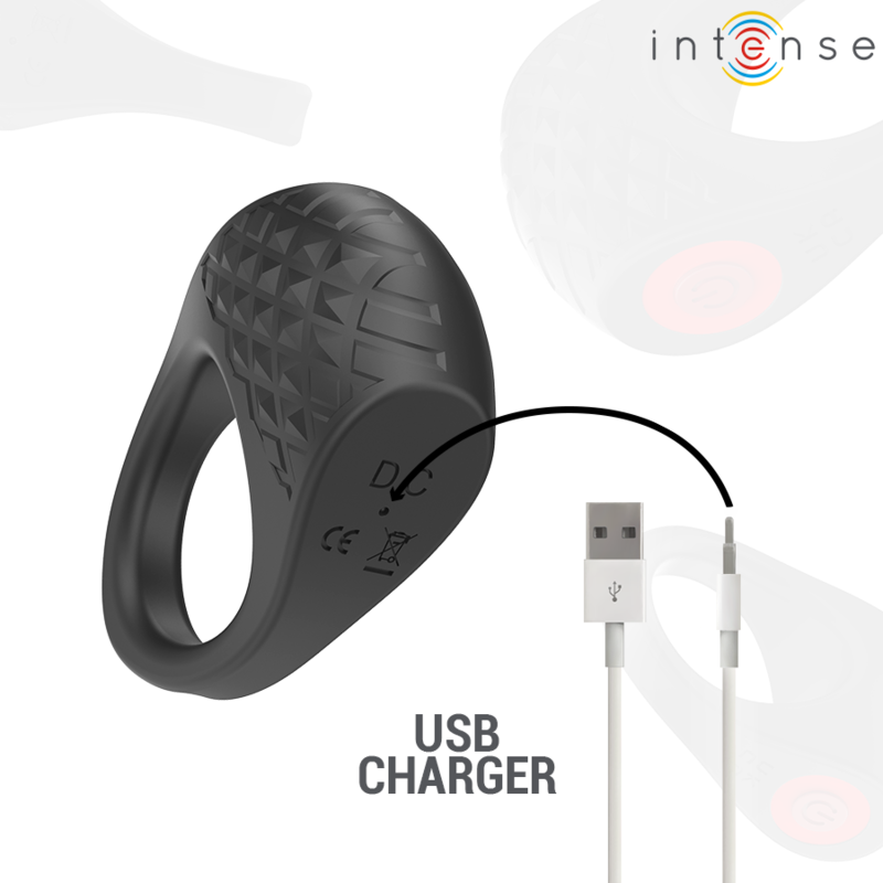 Anel peniano vibratório INTENSE Clover preto com 10 vibrações, detalhe do material e design ergonómico.