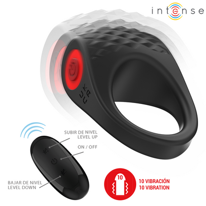 Anel peniano vibratório INTENSE Clover preto com 10 vibrações, detalhe do material e design ergonómico.