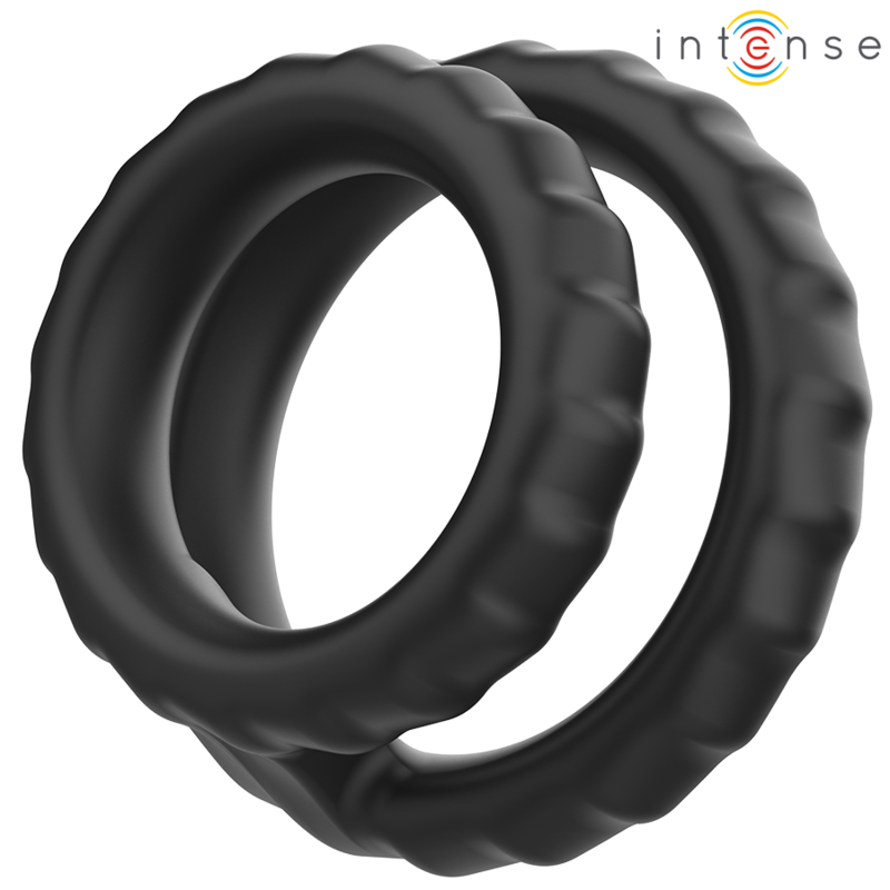 INTENSE Dewey Anel de Pénis Duplo de Silicone Preto Modelo 2, detalhe do material flexível e design ergonómico.