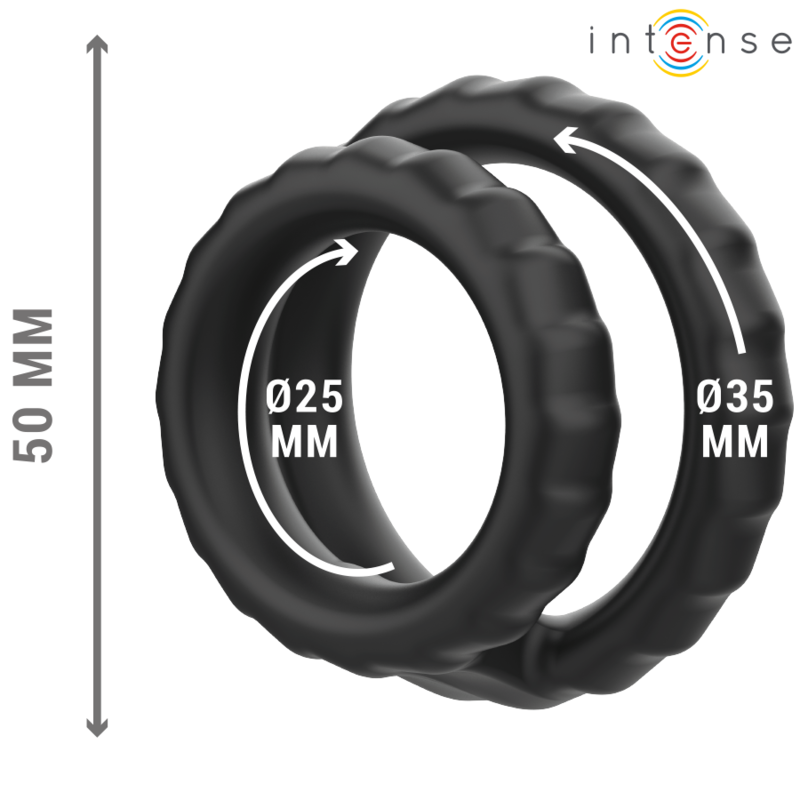 INTENSE Dewey Anel de Pénis Duplo de Silicone Preto Modelo 2, detalhe do material flexível e design ergonómico.