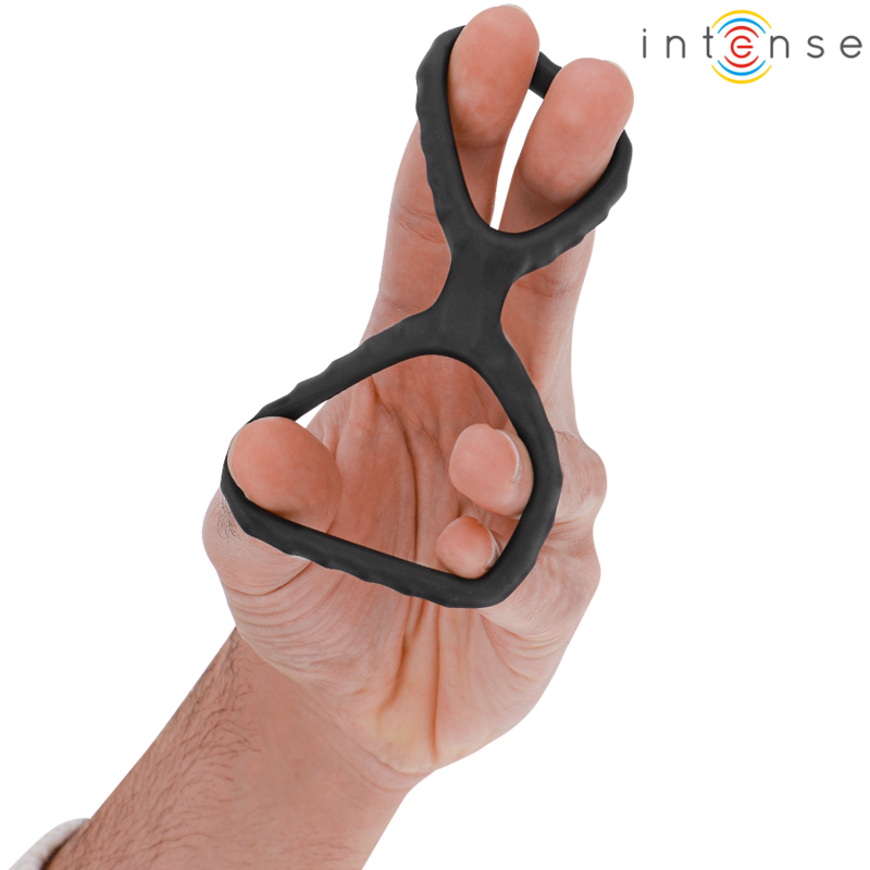 INTENSE Dewey Anel de Pénis Duplo de Silicone Preto Modelo 2, detalhe do material flexível e design ergonómico.