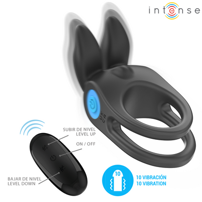 INTENSE Vibrador Anel Duplo Pénis Preto com 10 Vibrações, detalhes do design e funcionalidade.