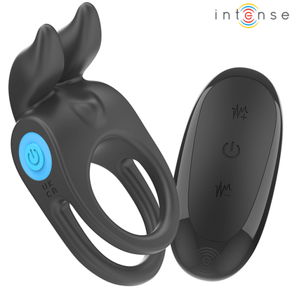 INTENSE Vibrador Anel Duplo Pénis Preto com 10 Vibrações, detalhes do design e funcionalidade.