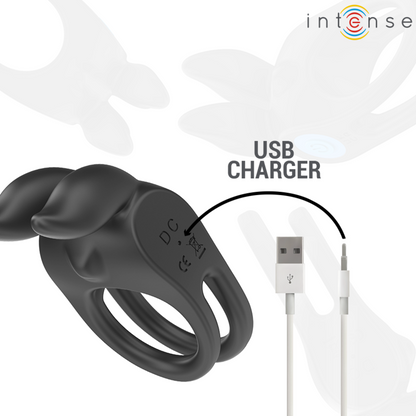 INTENSE Vibrador Anel Duplo Pénis Preto com 10 Vibrações, detalhes do design e funcionalidade.