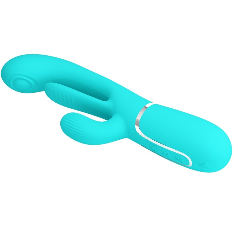PRETTY LOVE Vibrador Triple Rabbit Multifuncional 3 em 1 Azul mostrando o design ergonómico e as texturas.