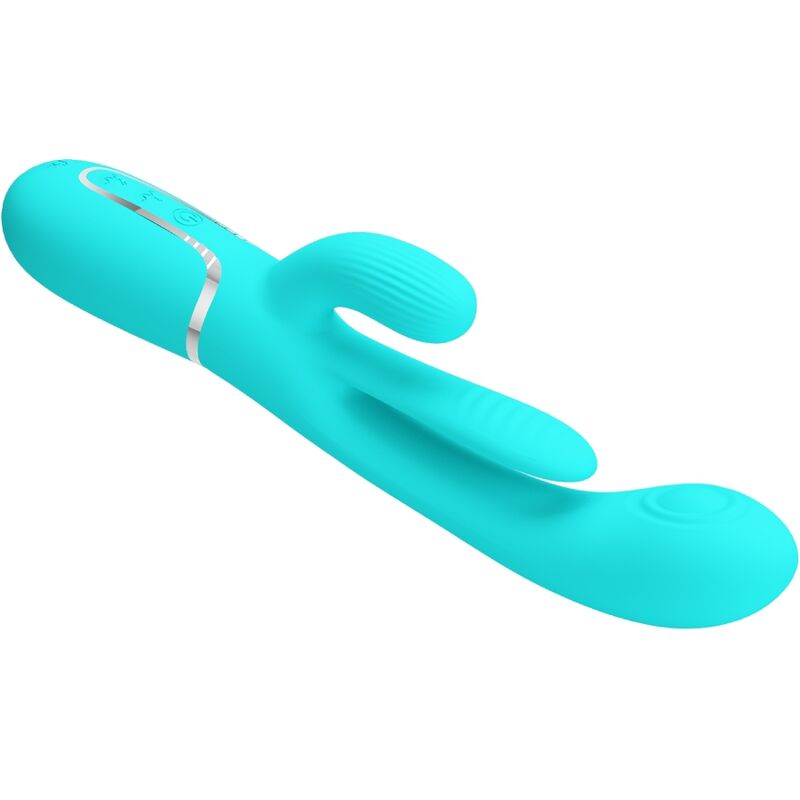 PRETTY LOVE Vibrador Triple Rabbit Multifuncional 3 em 1 Azul mostrando o design ergonómico e as texturas.