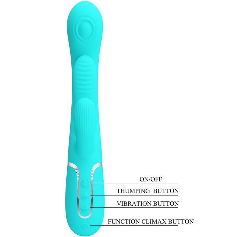 PRETTY LOVE Vibrador Triple Rabbit Multifuncional 3 em 1 Azul mostrando o design ergonómico e as texturas.