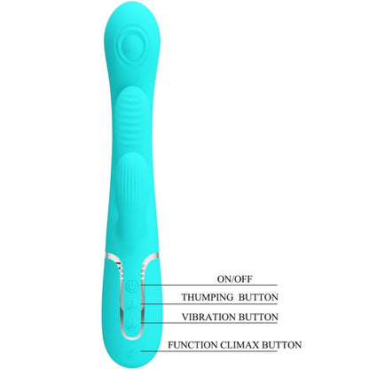 PRETTY LOVE Vibrador Triple Rabbit Multifuncional 3 em 1 Azul mostrando o design ergonómico e as texturas.