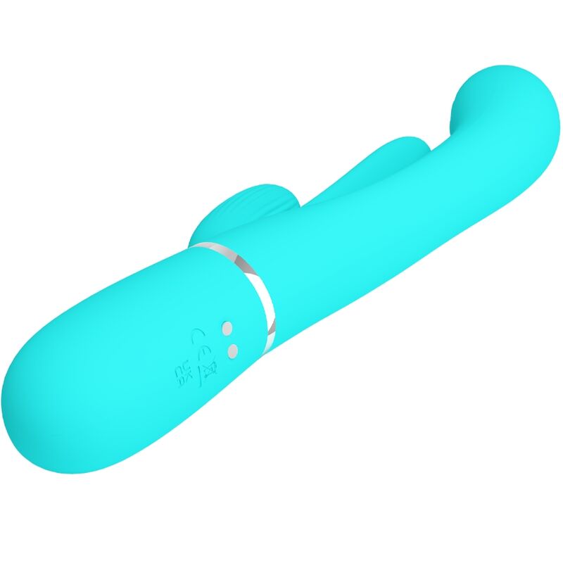 PRETTY LOVE Vibrador Triple Rabbit Multifuncional 3 em 1 Azul mostrando o design ergonómico e as texturas.