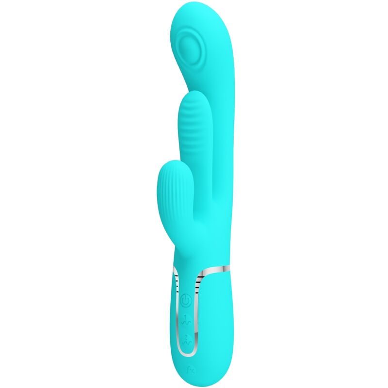 PRETTY LOVE Vibrador Triple Rabbit Multifuncional 3 em 1 Azul mostrando o design ergonómico e as texturas.