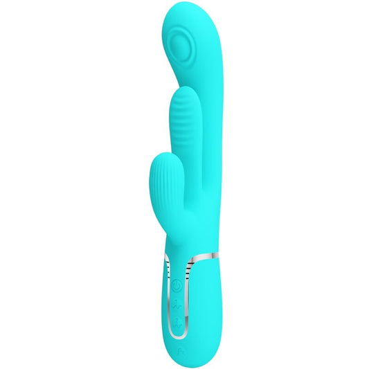 PRETTY LOVE Vibrador Triple Rabbit Multifuncional 3 em 1 Azul mostrando o design ergonómico e as texturas.