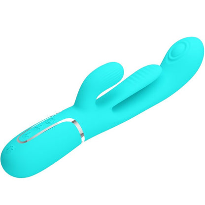 PRETTY LOVE Vibrador Triple Rabbit Multifuncional 3 em 1 Azul mostrando o design ergonómico e as texturas.