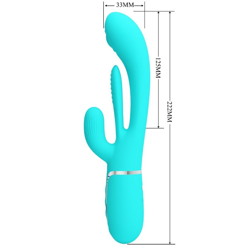 PRETTY LOVE Vibrador Triple Rabbit Multifuncional 3 em 1 Azul mostrando o design ergonómico e as texturas.