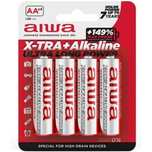 Blister de 4 pilhas alcalinas AA AIWA X-TRA ALKALINE para dispositivos eletrónicos.