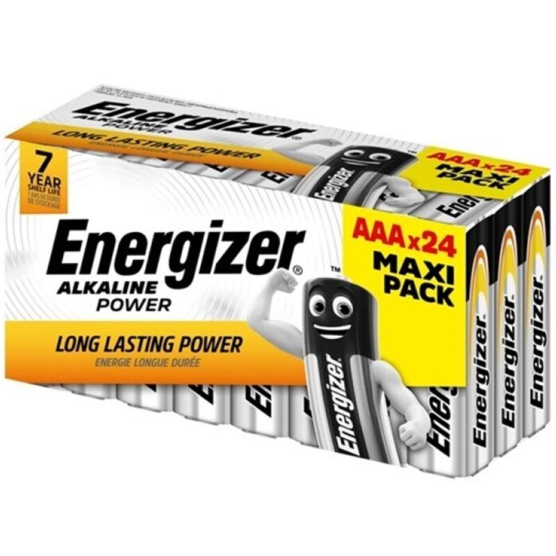Pack de 24 pilhas AAA alcalinas Energizer, mostrando a embalagem e as pilhas LR03.