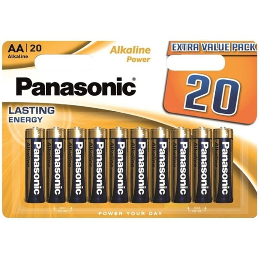 Blister de 20 pilhas alcalinas PANASONIC AA LR6, mostrando as baterias e a embalagem