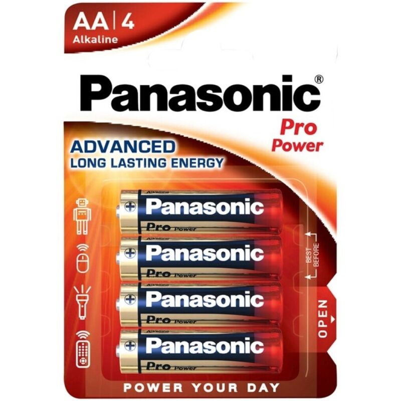 Blister de 4 baterias PANASONIC AA Alcalina Pro Power LR6, mostrando a embalagem e as pilhas.