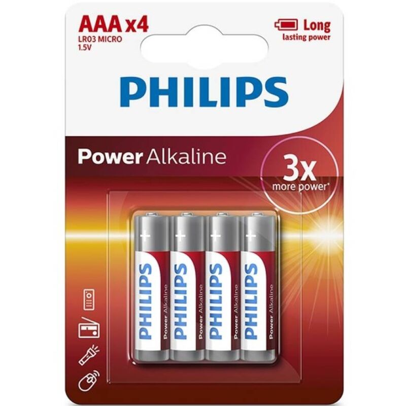 Pack de 4 pilhas alcalinas PHILIPS AAA LR03, detalhe do blister.