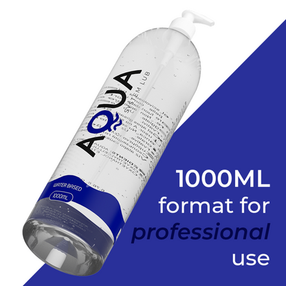 Frasco de Lubrificante Íntimo AQUA QUALITY à Base de Água de 1000 ML, mostrando a embalagem transparente e o líquido sedoso.